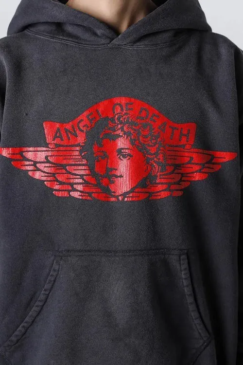 SAINT Mxxxxxx HOODIE/ANGEL / BLK SAINT Mxxxxxx ANGEL HOODIE/BLK Angel Reborn Cracked Printed Retro Distressed Hoodie Assute dyed, full-length spray-painted horse fade, heavy fermentation wash to produce NEW VINTAGE texture, four-needle and six-thread workmanship, no bone seams, more comfortable to wear, genuine grade crack print/accessory restoration